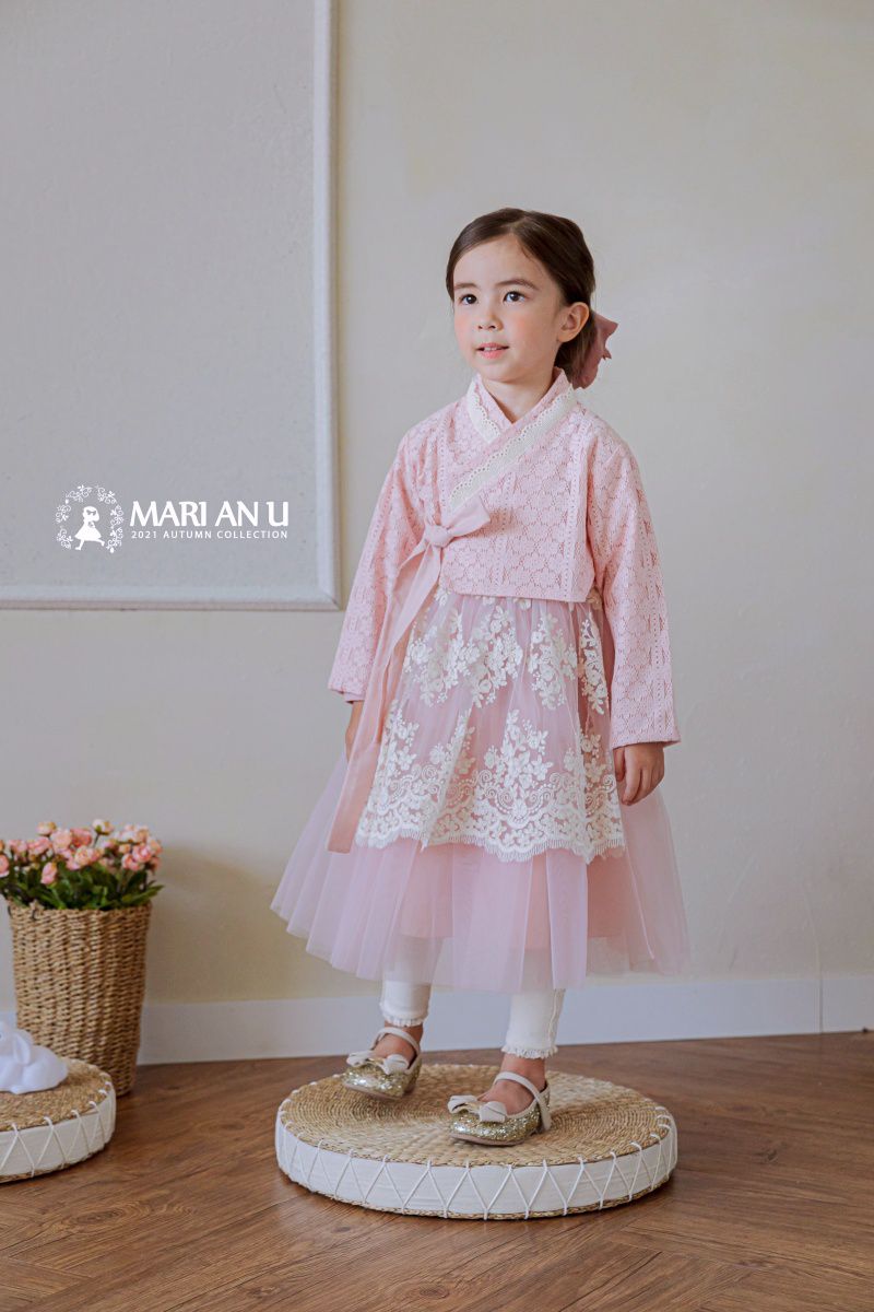 韓國 Mari an u - 透膚蕾絲裝飾網紗韓服-粉紅
