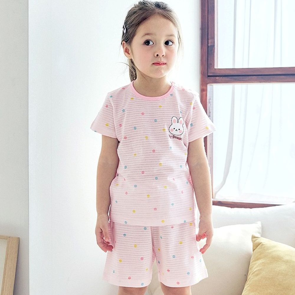 透氣條紋提花棉短袖家居服-點點邦尼兔-淺粉