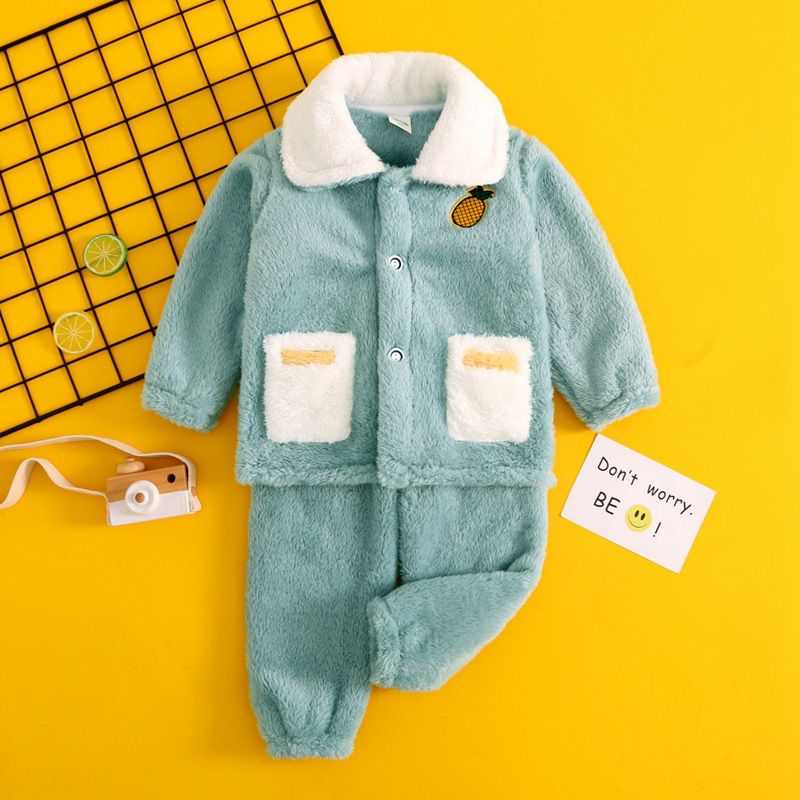 法蘭絨兒童長袖睡衣-皇冠企鵝-灰藍色