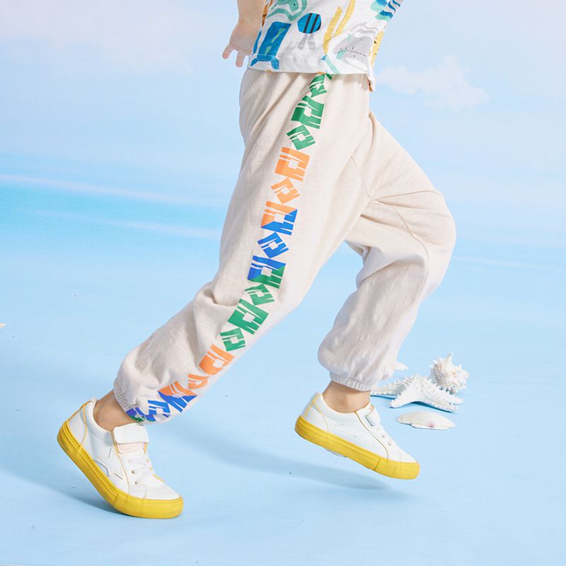 竹節棉束口長褲/防蚊褲-方形幾何-灰藍色