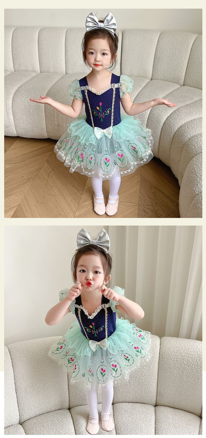 短袖造型公主裙/芭蕾舞裙-卡通人物-安娜-藍+綠