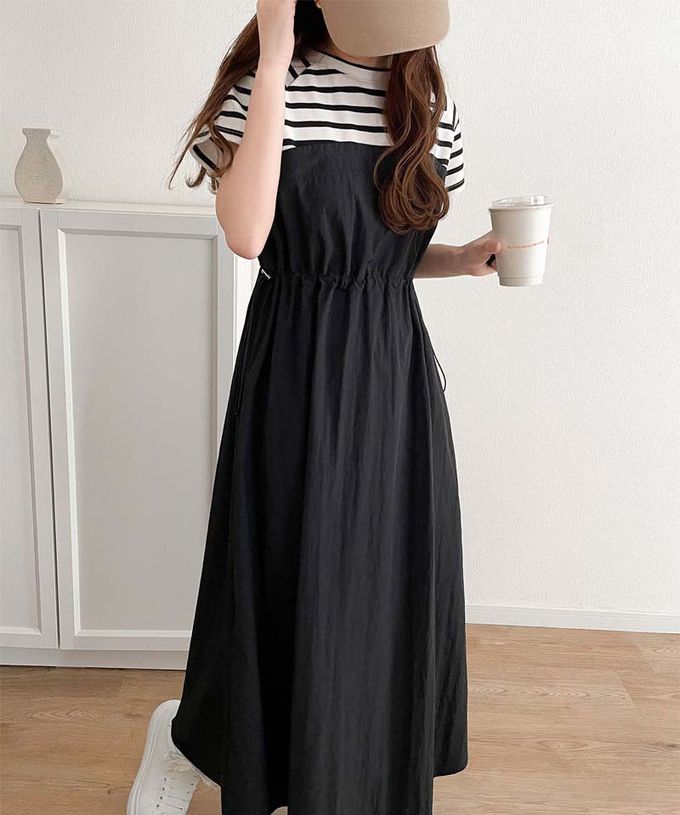 日本 Classical Elf - 法式袖拼接縮腰抽繩洋裝-卡其x淺灰