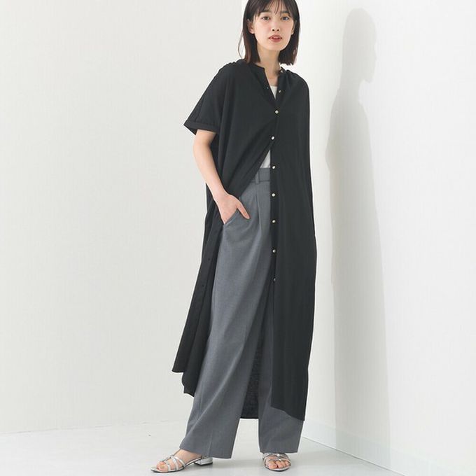 日本 OMNES - 接觸涼感 氣質金釦襯衫式短袖洋裝-白