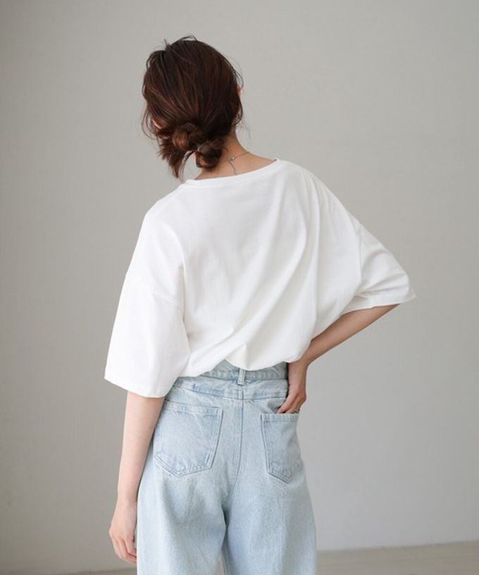 日本 Bab - 100%棉 極簡照片印花五分袖上衣-白底粉紅字 (M)