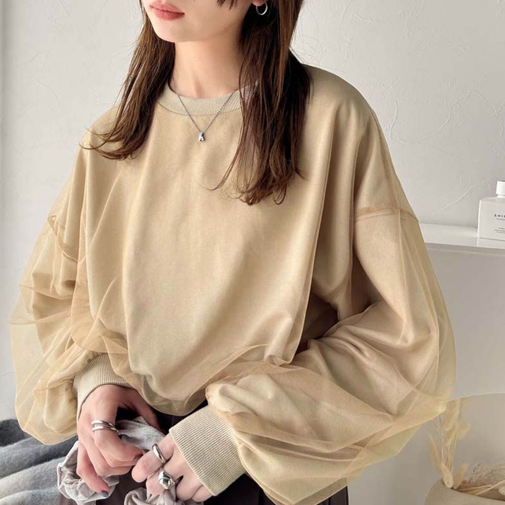 Java 透膚薄紗層次長袖上衣-背後標籤印花-杏