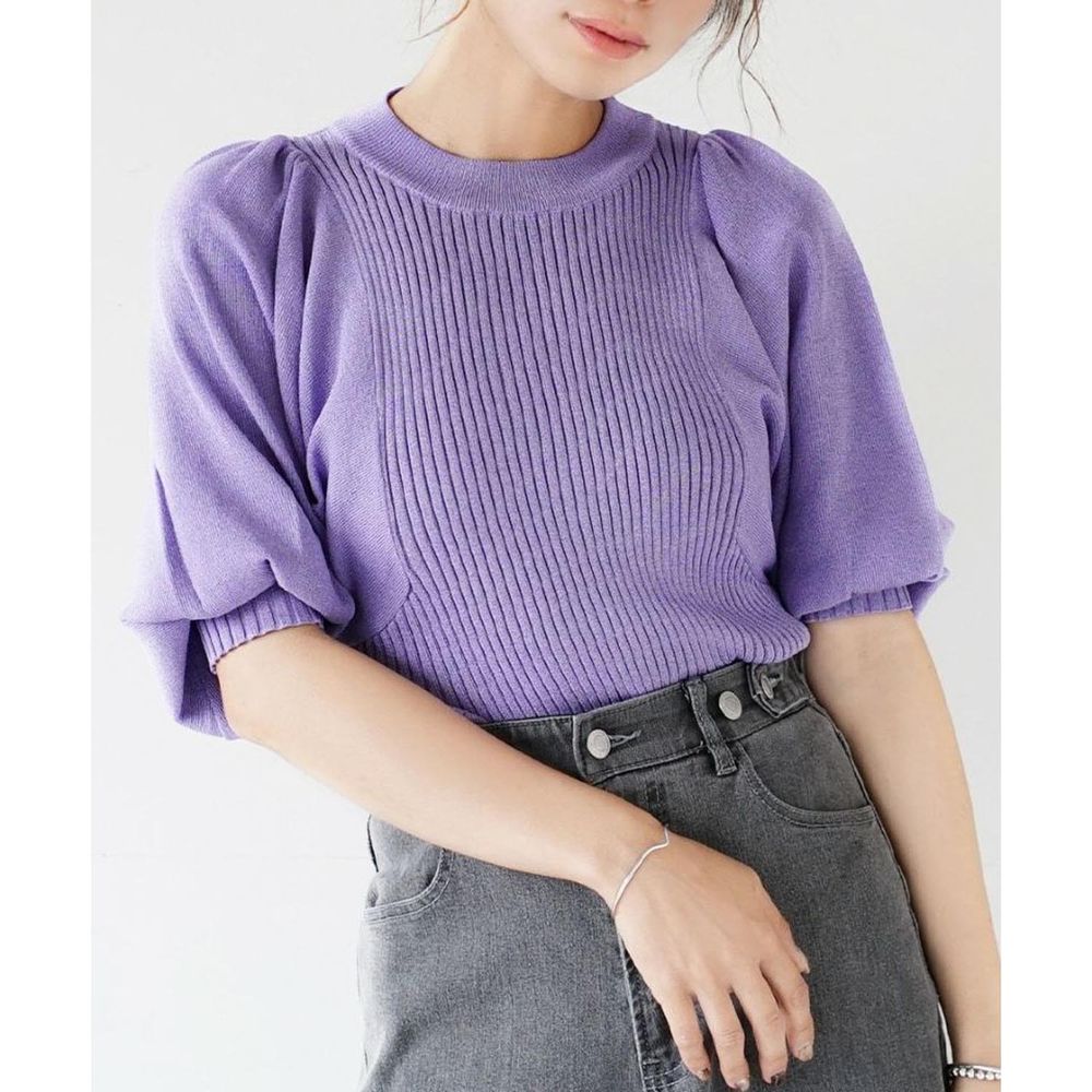 日本 zootie - 百搭顯瘦羅紋針織澎澎袖上衣-藍莓