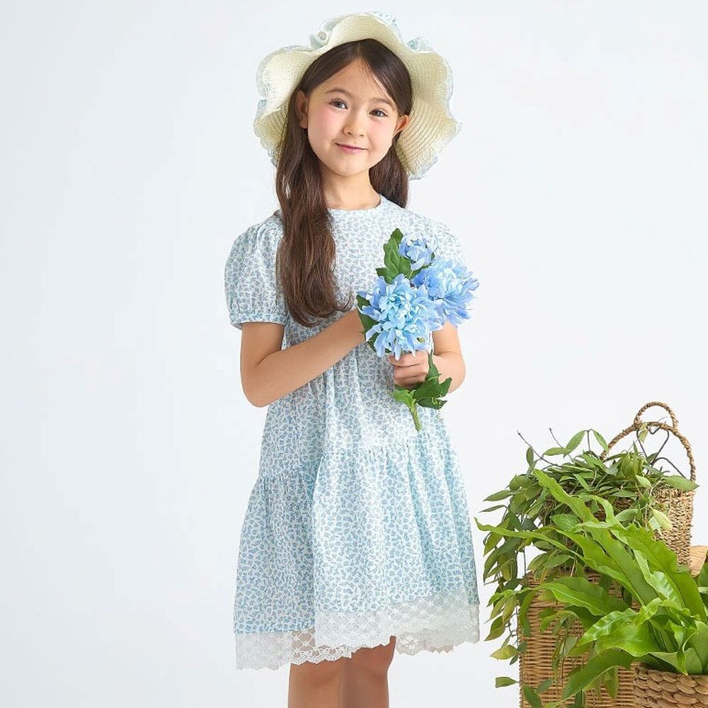 (附帽子)清新滿版花卉泡泡袖洋裝-天藍