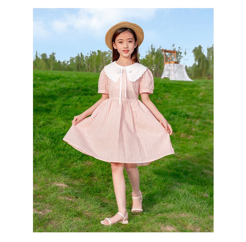 娃娃領短袖洋裝-碎花紋路-淺藍色