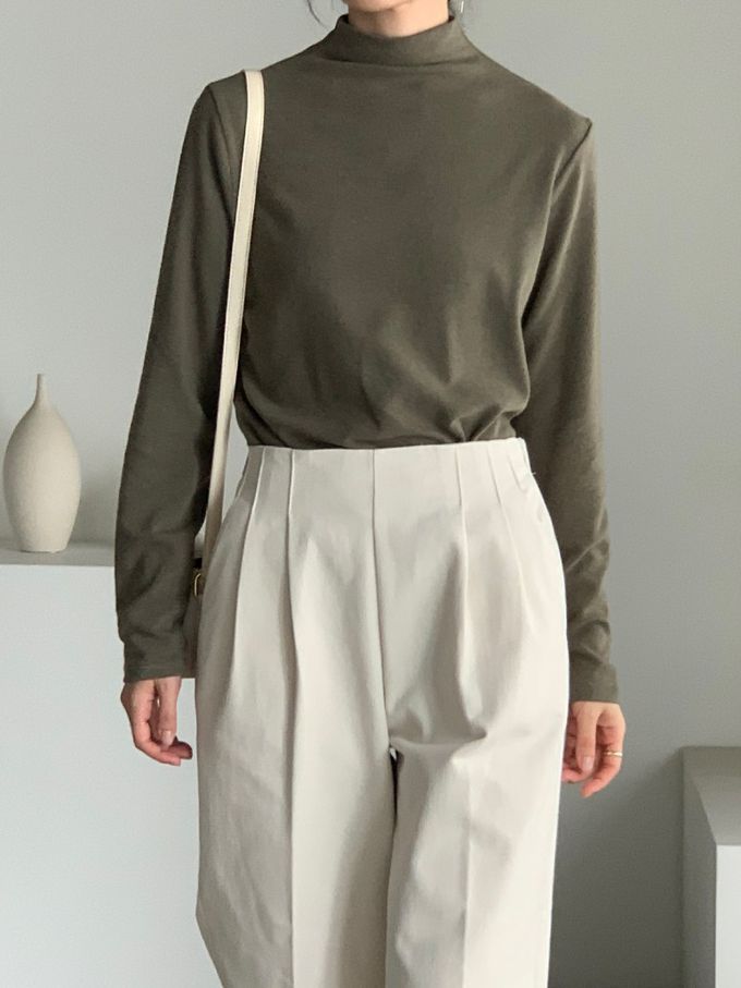 韓國女裝連線 - 百搭中領混羊毛長袖上衣-灰軍綠 (FREE)