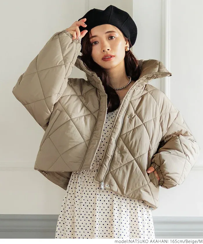 日本 COCA - 菱紋衍縫翻領鋪棉短版外套-氣質米