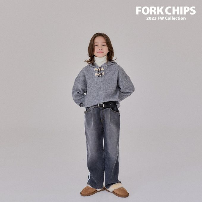 韓國 FORK CHIPS - (內磨毛)鬆緊腰雙線條點綴牛仔長褲-黑灰