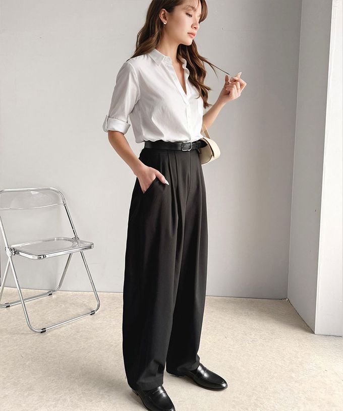 日本 Classical Elf - 時尚摺線俐落感錐形長褲-黑