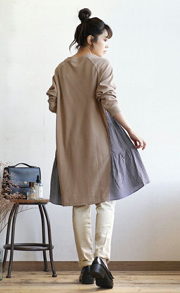 日本 zootie - 華夫格印花拼接長版上衣-深灰