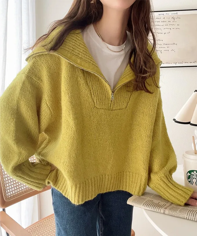 日本 Classical Elf - Java 半拉鏈率性寬鬆素面毛衣-米杏