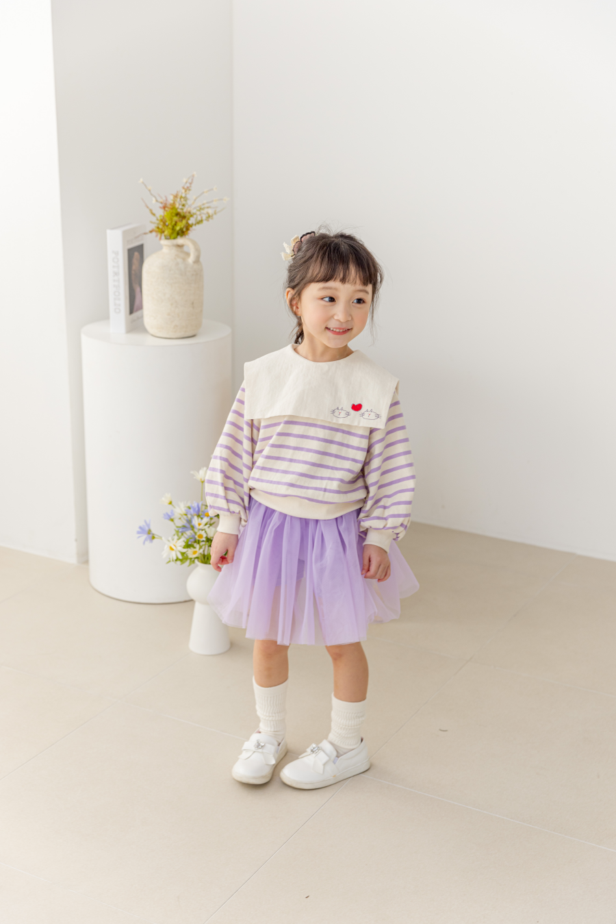 韓國 Orange Mom - 方領條紋貓咪上衣-紫