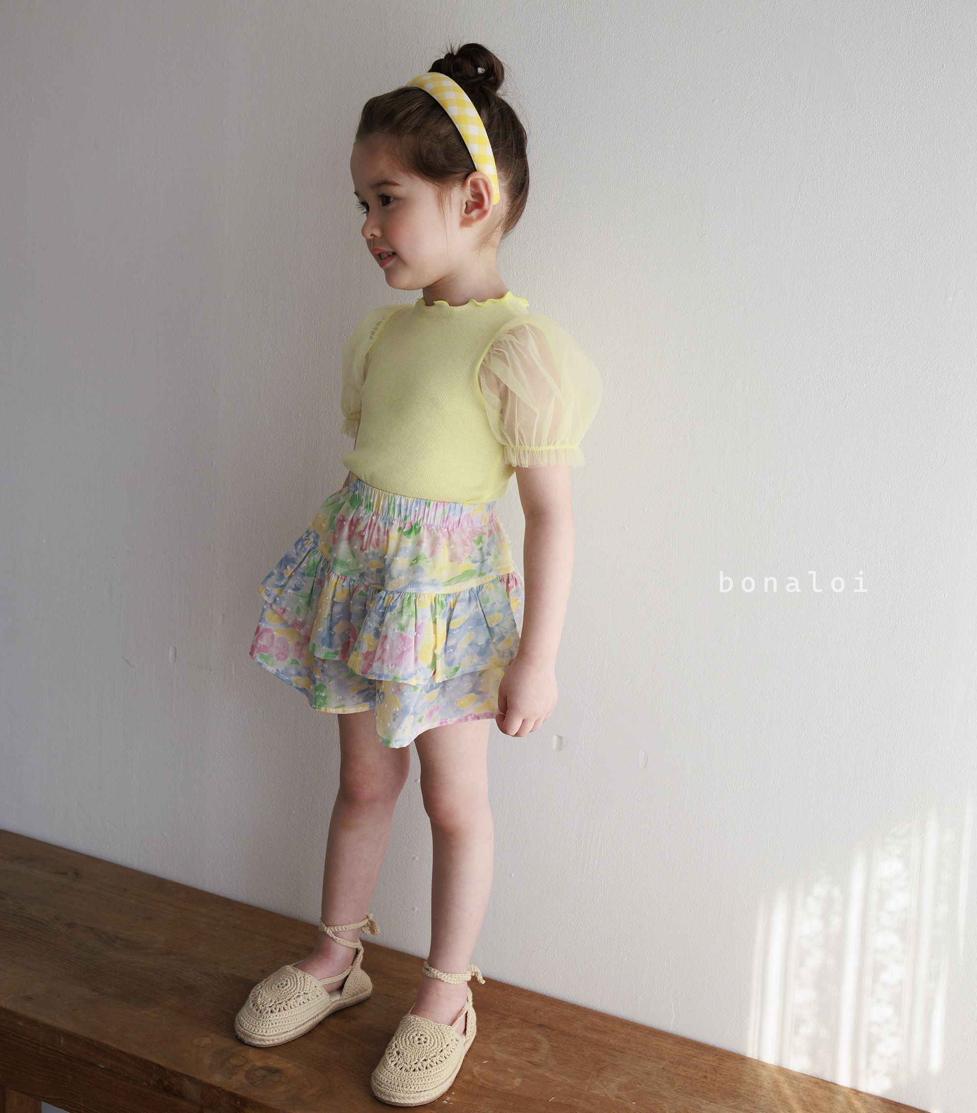 韓國 Bonaloi - 薄紗泡泡袖羅紋T-鵝黃