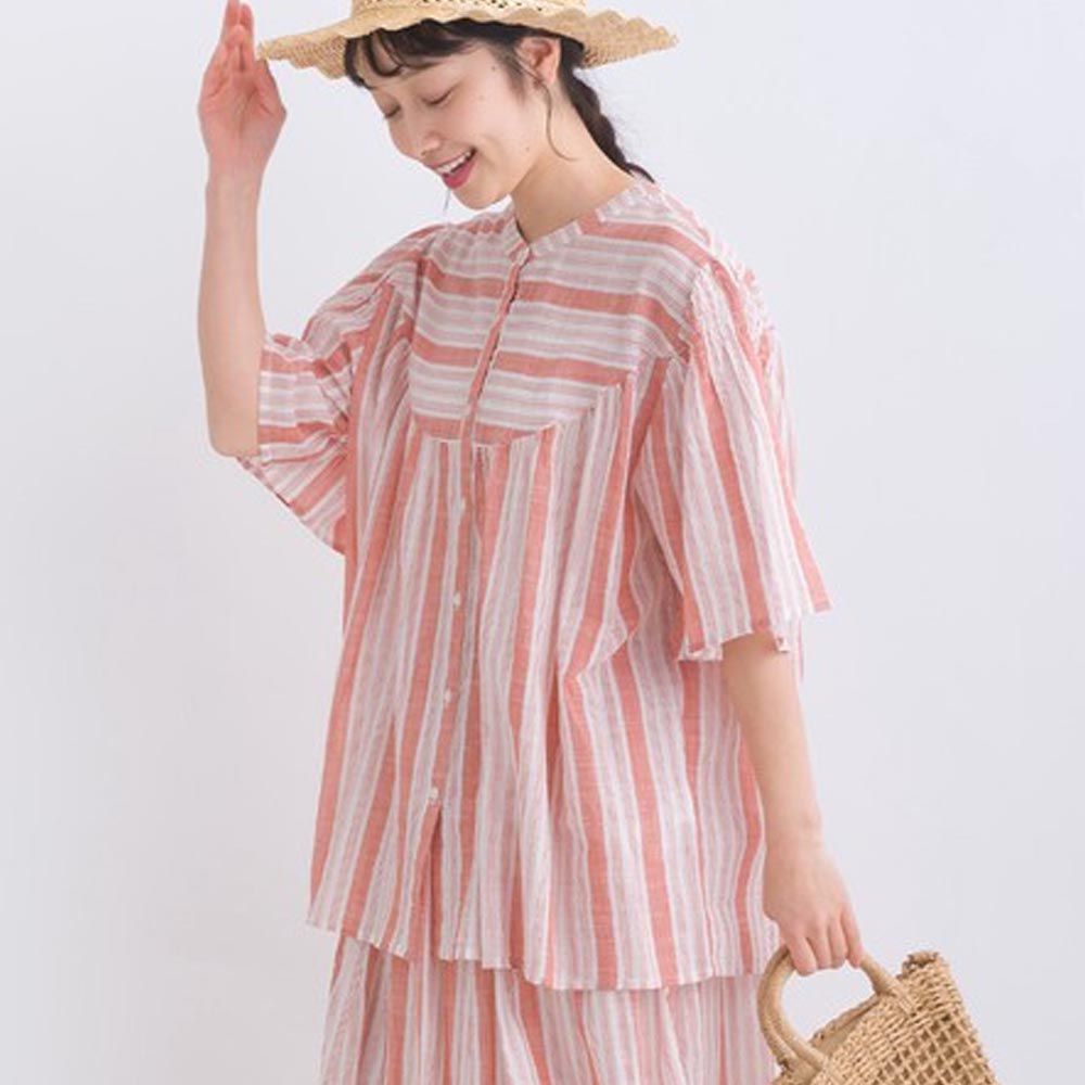日本 Lupilien - 100%印度棉 自然紗線感短袖襯衫-粉紅條紋