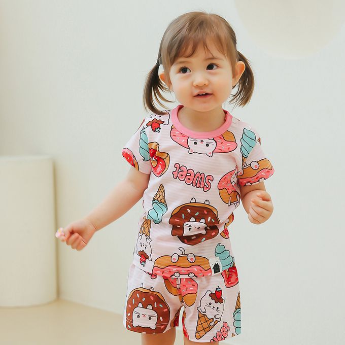 正韓 VOVO - 超優質嬰幼兒/兒童短袖100% 有機純棉家居服/睡衣-甜點貓
