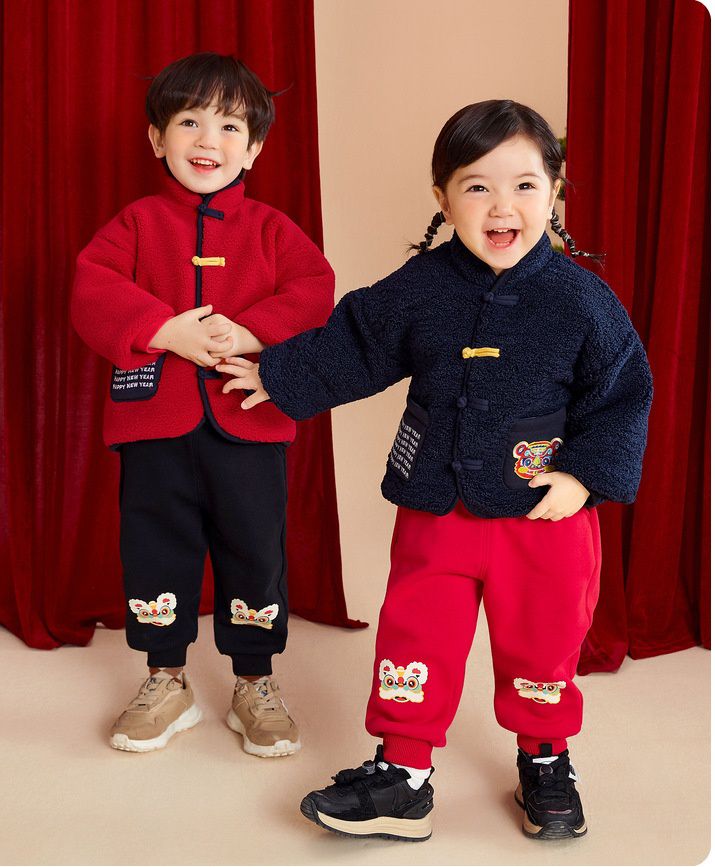 唐裝風夾棉長袖外套-英文字+年獸-深藍色