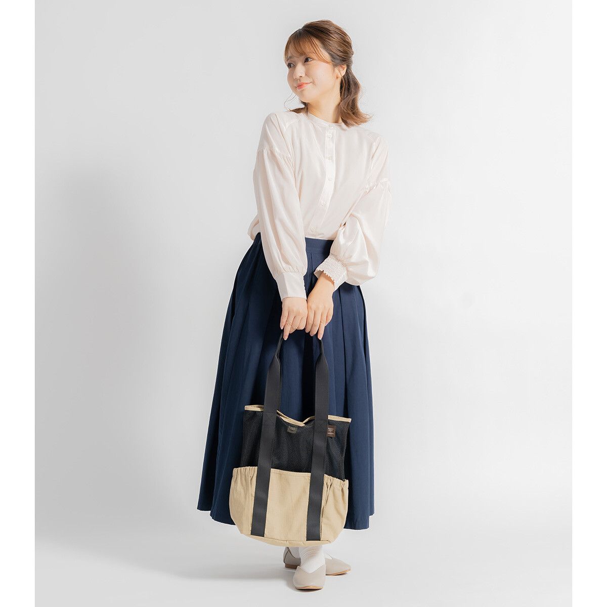 日本代購 - 美式休閒風 網眼拼接肩背購物袋-黑 (37x25x12cm)