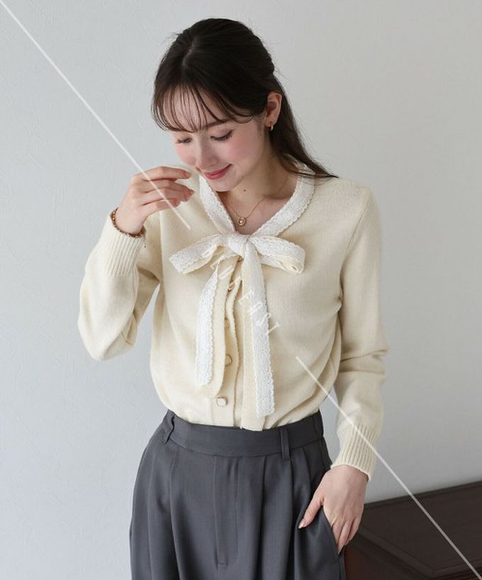 日本 BLUE EAST - 少女爛漫蕾絲蝴蝶結開襟衫-灰