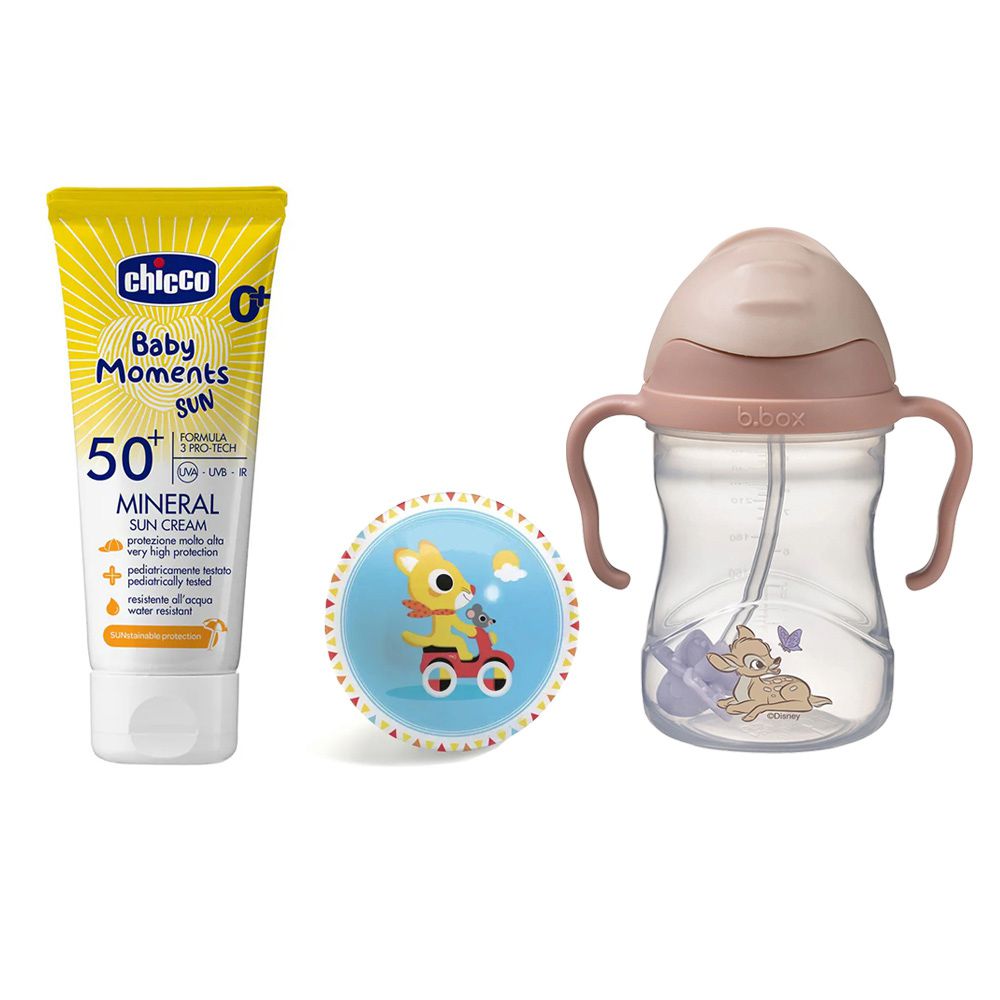 寶貝嬰兒輕潤物理防曬乳霜(SPF50+)75ml+B.BOX升級版防漏PP水杯240ml+DJECO發展遊戲彈力球12cm隨機-小鹿斑比