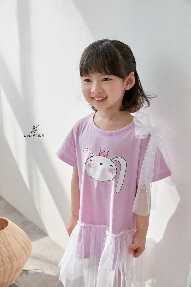 韓國 kikimora - 單邊緞帶皇冠兔網紗拼接洋裝-粉紫