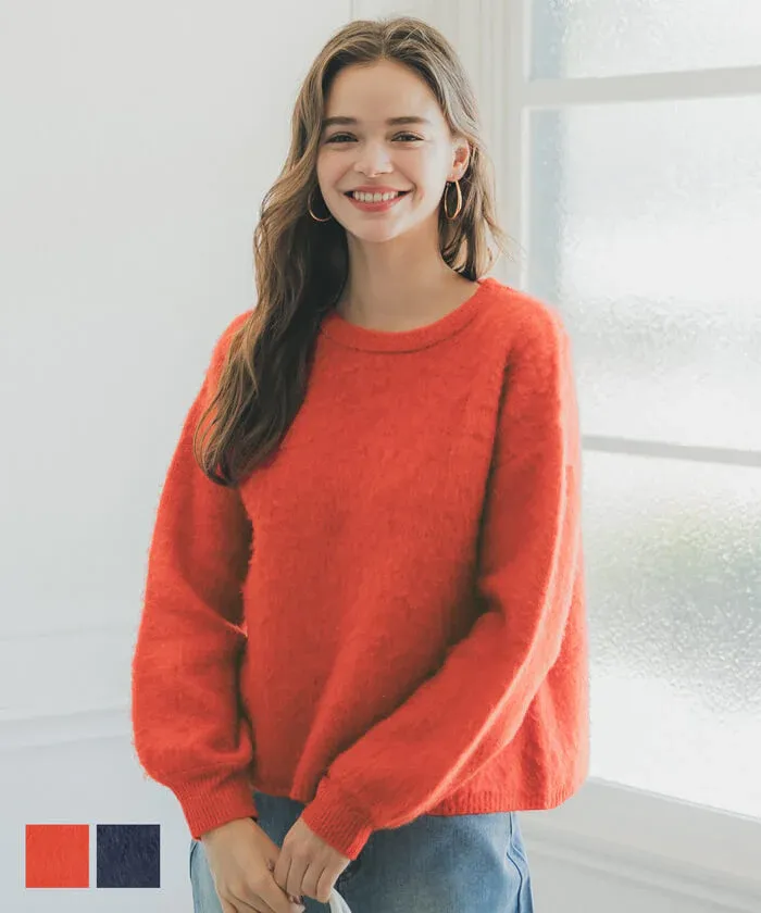 日本 COCA - 溫柔毛絨感圓領長袖針織上衣-橘紅