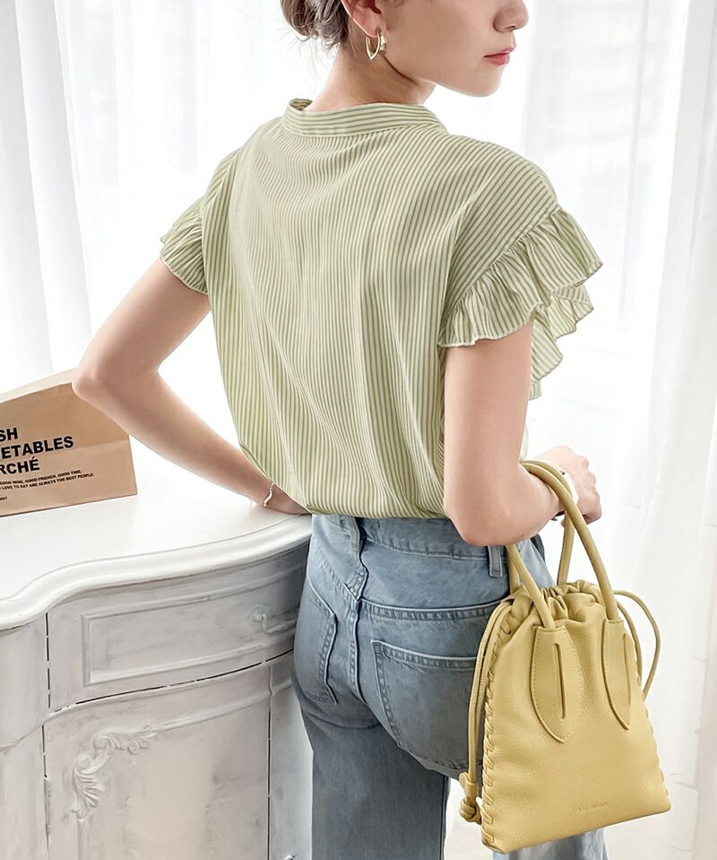 日本 Classical Elf - 荷葉邊點綴圓領短袖襯衫-果綠