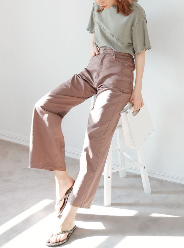 日本 GRL - 羅紋木耳邊短袖上衣-莫蘭迪綠