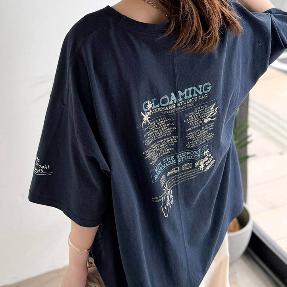 Java 純棉電影字幕風刺繡短袖上衣-(男女兼用)-海軍藍