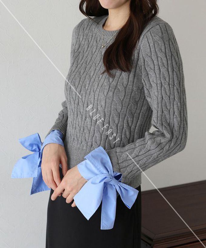 日本 BLUE EAST - 亮麗蝴蝶結緞帶袖麻花針織上衣-象牙白