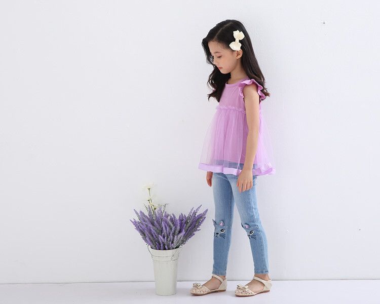 日本 Maison de Ravi - 貓咪刺繡牛仔長褲-淺藍