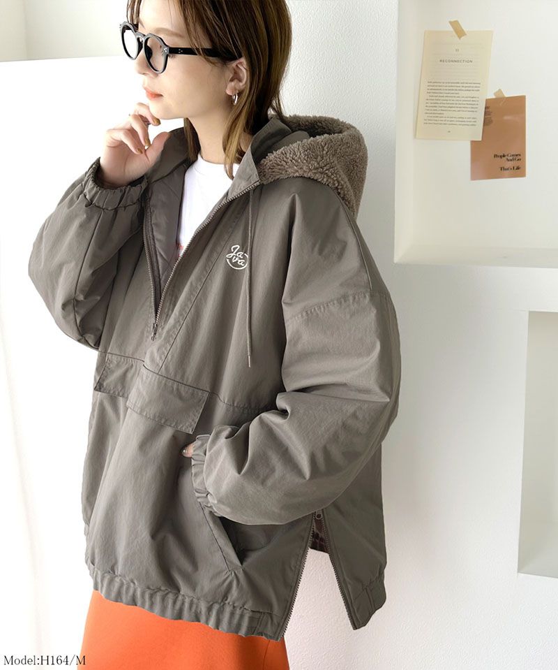 日本 Classical Elf - 刺繡防風前口袋鋪棉長袖上衣-摩卡