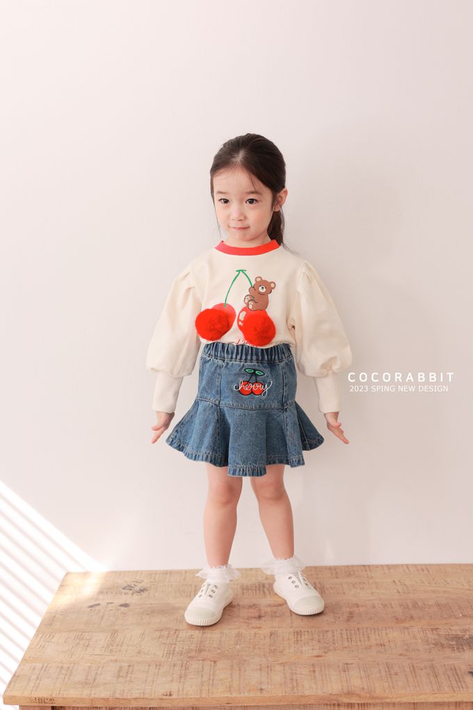 韓國 Coco rabbit - 立體櫻桃小熊圓領澎袖上衣-奶油