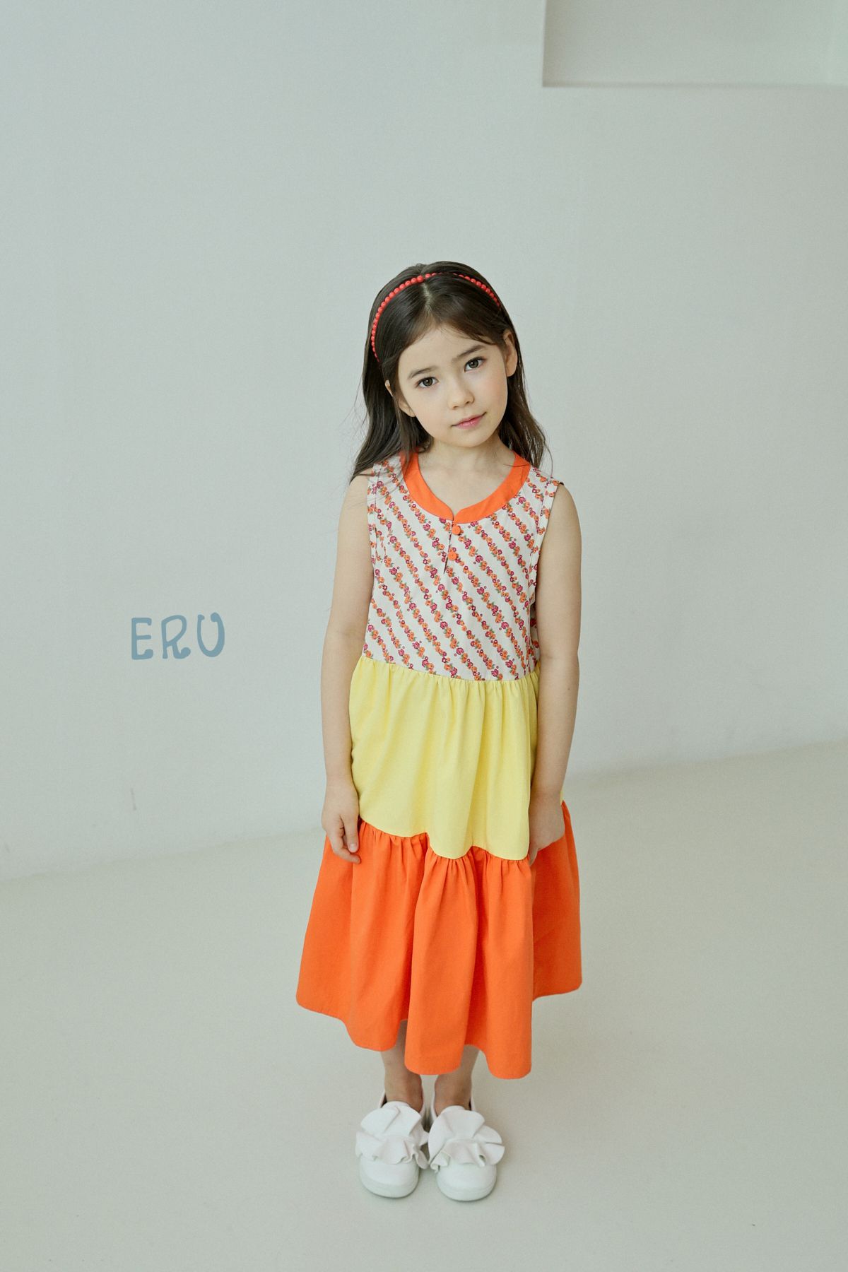 韓國 ERU - 斜紋花朵拼接色長版洋裝-橘黃