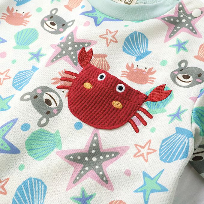 日本 ZOOLAND - 海洋印花網眼短袖上衣-滿版貝殼-淺灰