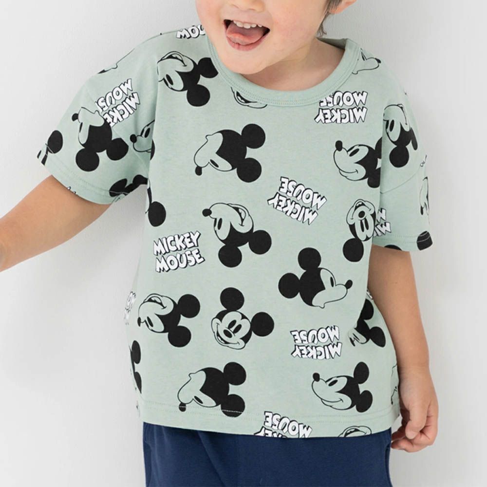 聯名款  卡通人物米奇純棉短袖上衣-滿版印花-薄荷綠