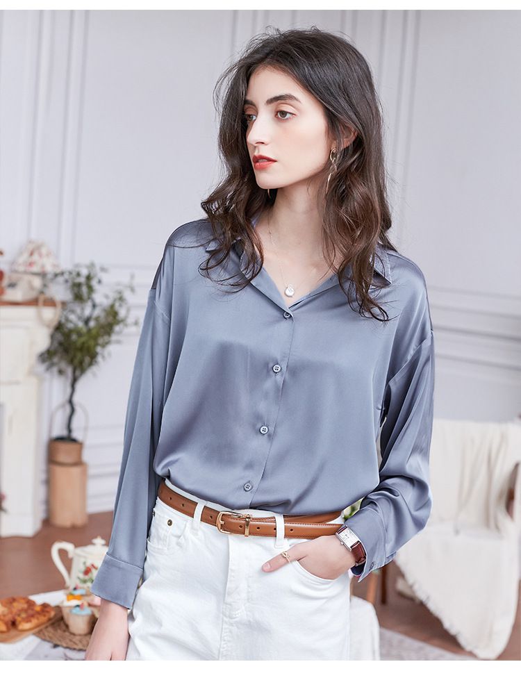 法式氣質長袖襯衫-藍色