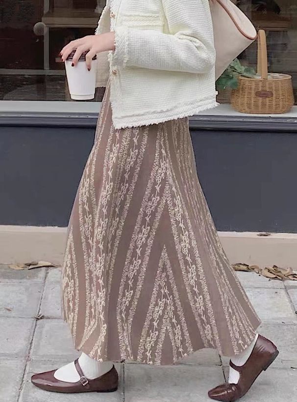 日本 GRL - 優雅花舞針織傘裙-淺沙杏 (M)