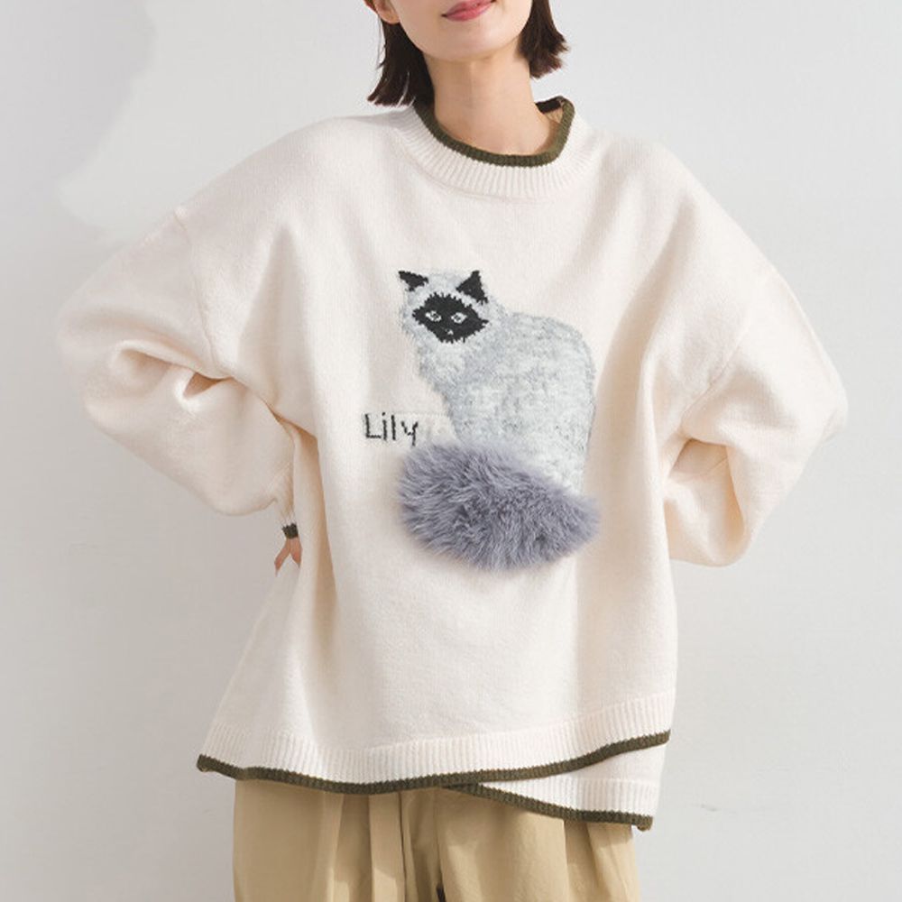 毛絨尾巴貓咪設計感針織長袖上衣-米白
