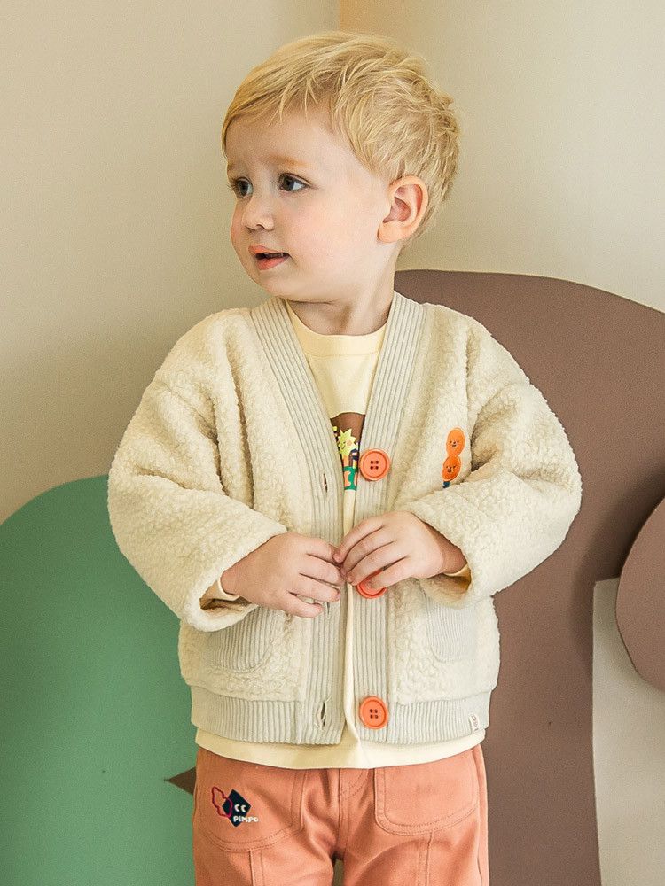 韓國Pimpollo - 小圓臉V領排釦保暖外套-米色