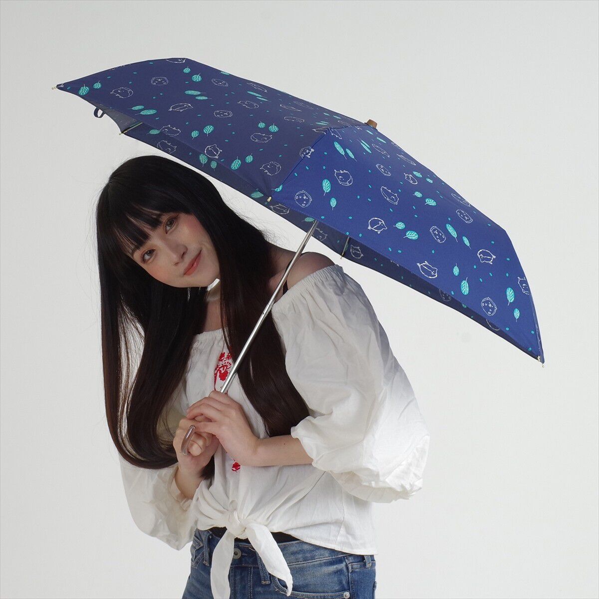 日本 nifty colors - 抗UV輕量 晴雨兩用折疊傘-刺蝟小森林-藍綠 (直徑90cm/168g)-80.00%