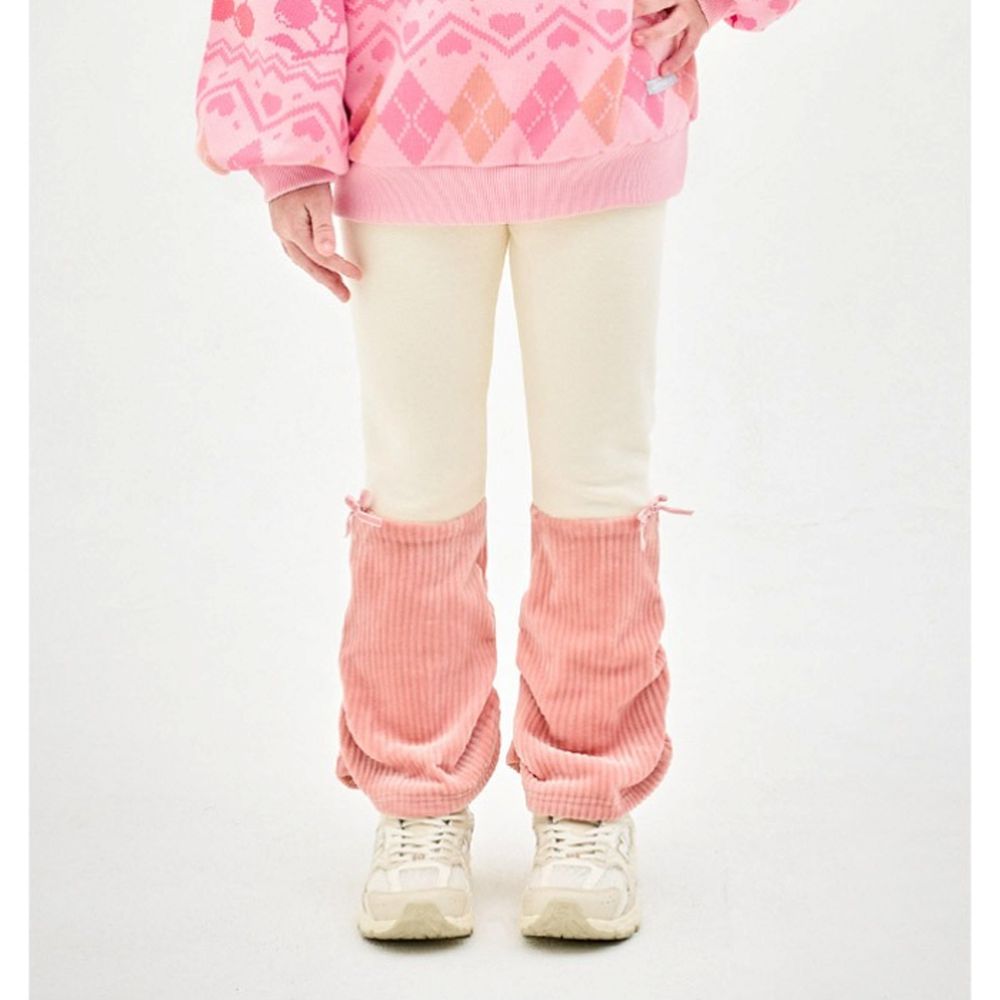 鬆緊腰內刷毛泡泡襪感內搭褲-米白X粉