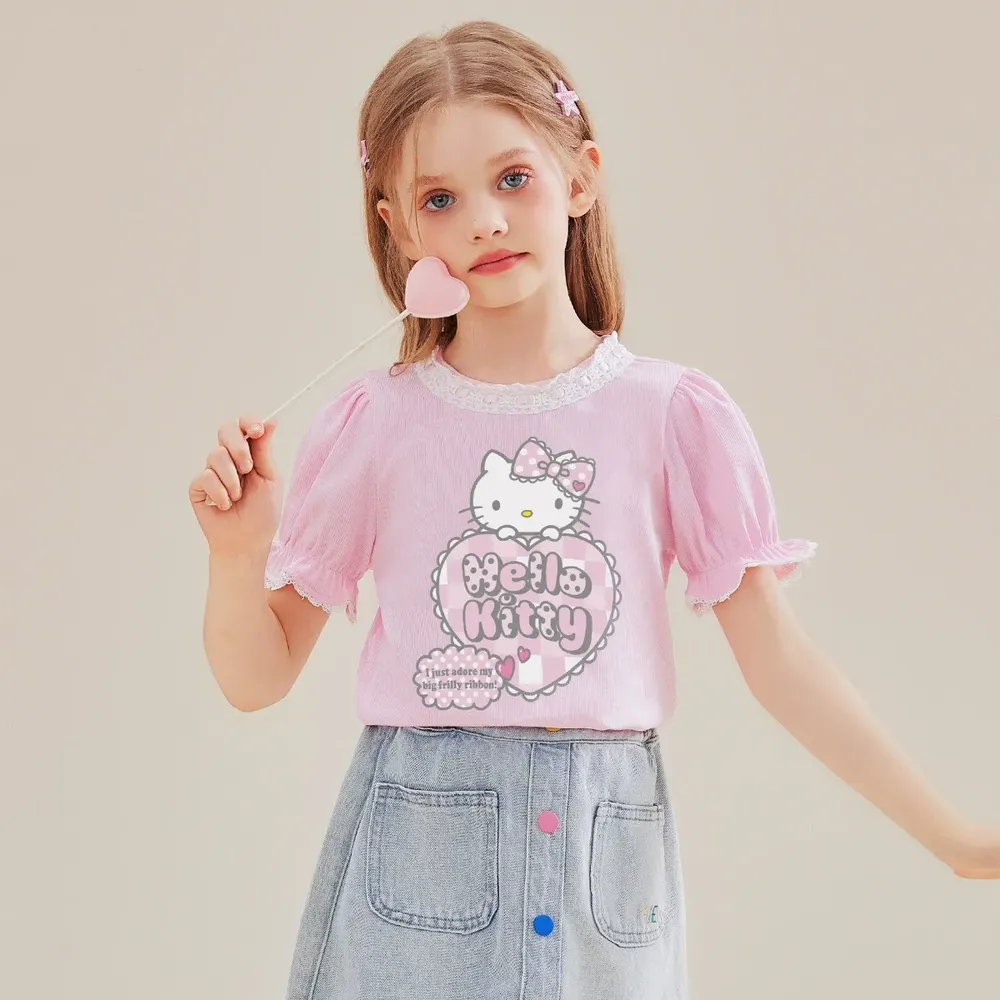 花邊領口泡泡短袖上衣-卡通人物Hello Kitty-粉色