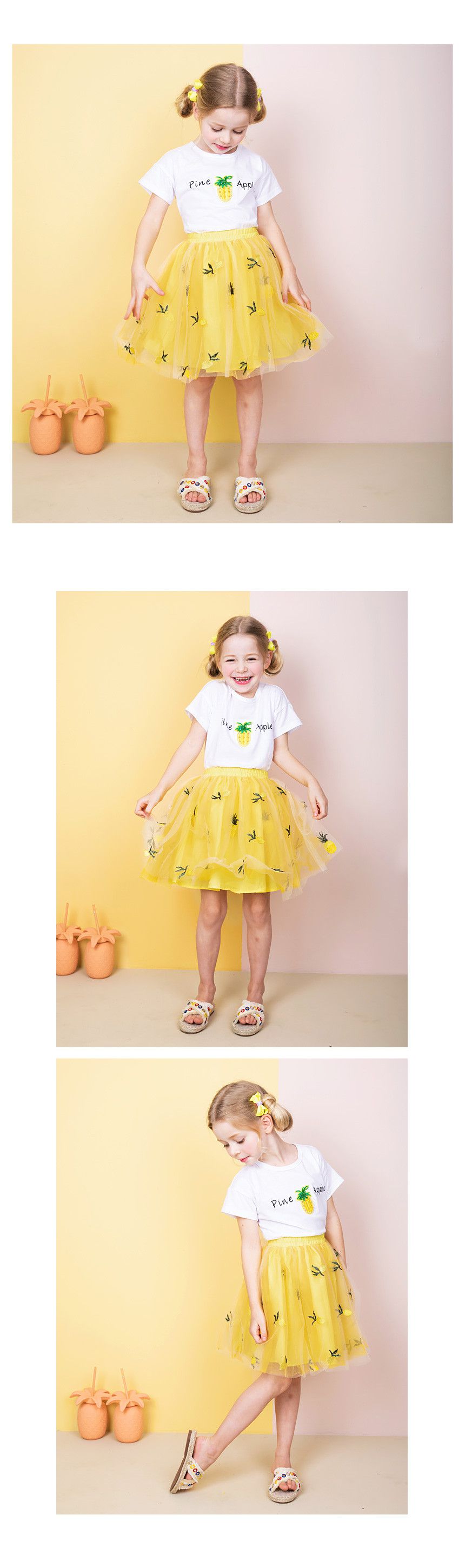 韓國 WALTON kids - 夏日鳳梨紗裙套裝-黃