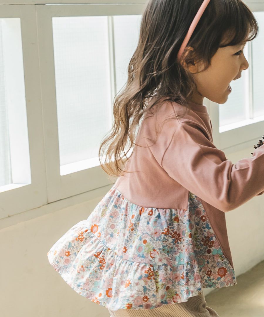 日本 PAIRMANON - 蛋糕層次拼接薄長袖上衣-春櫻燦爛-粉