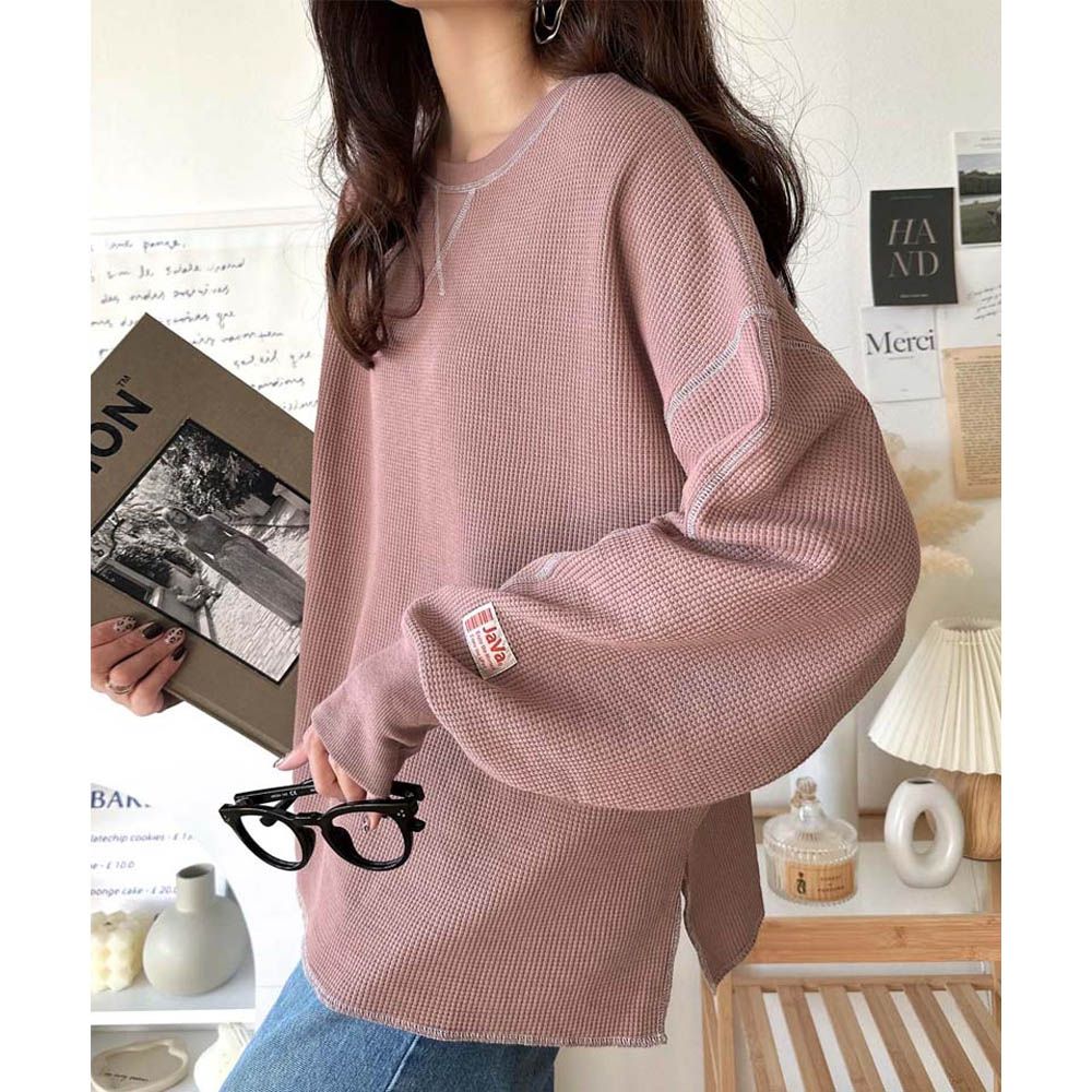 Java 華夫格車線薄長袖上衣-煙燻粉