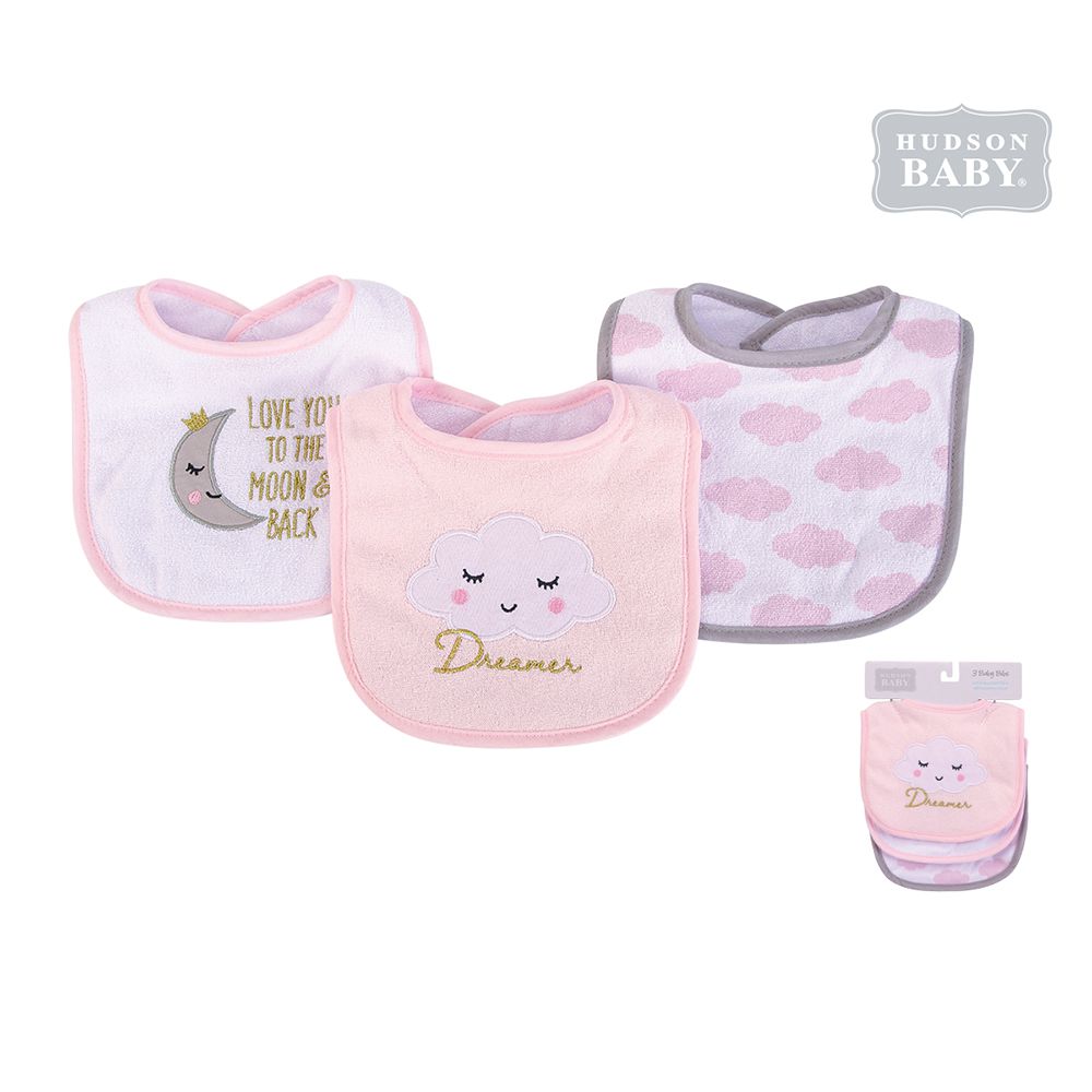 美國 Luvable Friends - 嬰幼兒雙層吸水口水巾圍兜3入組-粉白雲朵