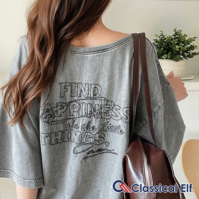 日本 Classical Elf - 純棉復古logo船領前後穿短袖上衣-炭灰